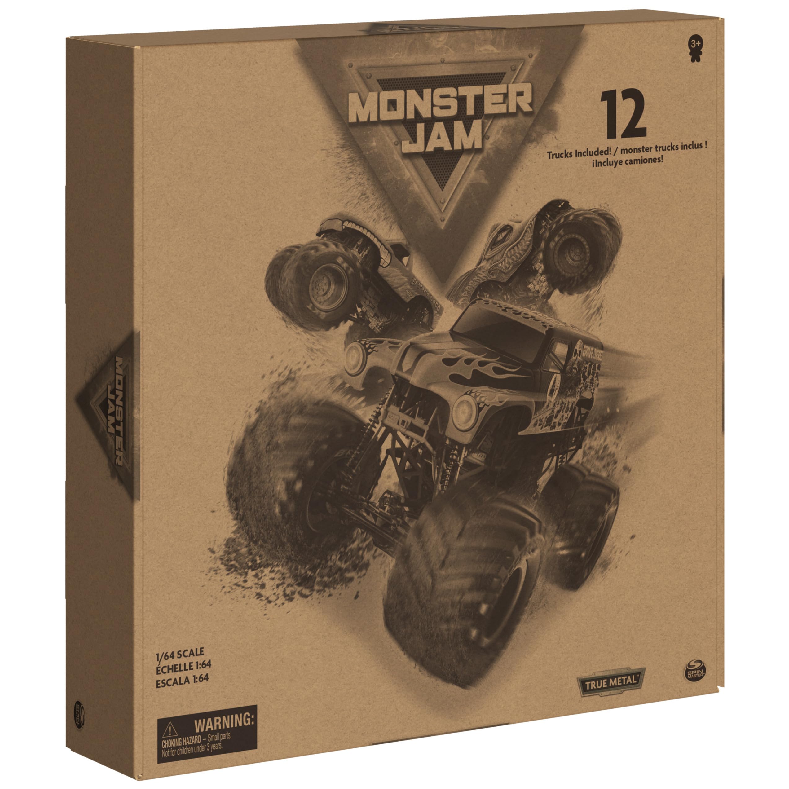 Monster Jam estuche abierto con 12 camiones organizados para transporte y almacenamiento
