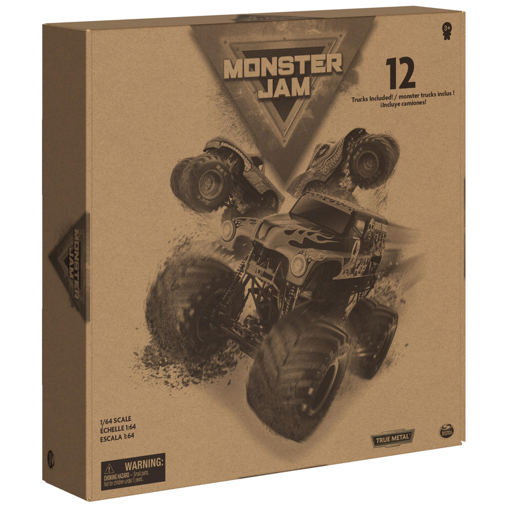 Monster Jam estuche abierto con 12 camiones organizados para transporte y almacenamiento
