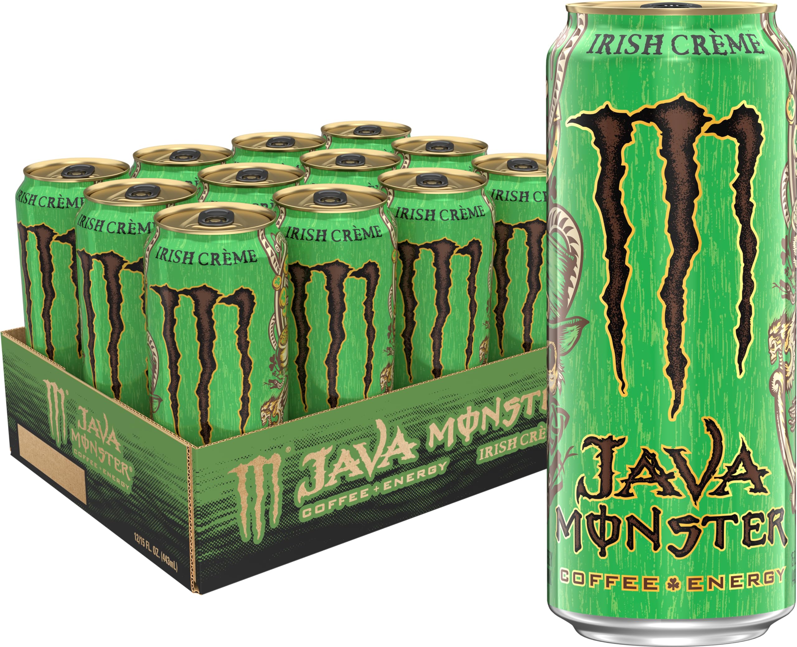 Monster lata frontal mostrando la etiqueta y beneficio de café cremoso con energía