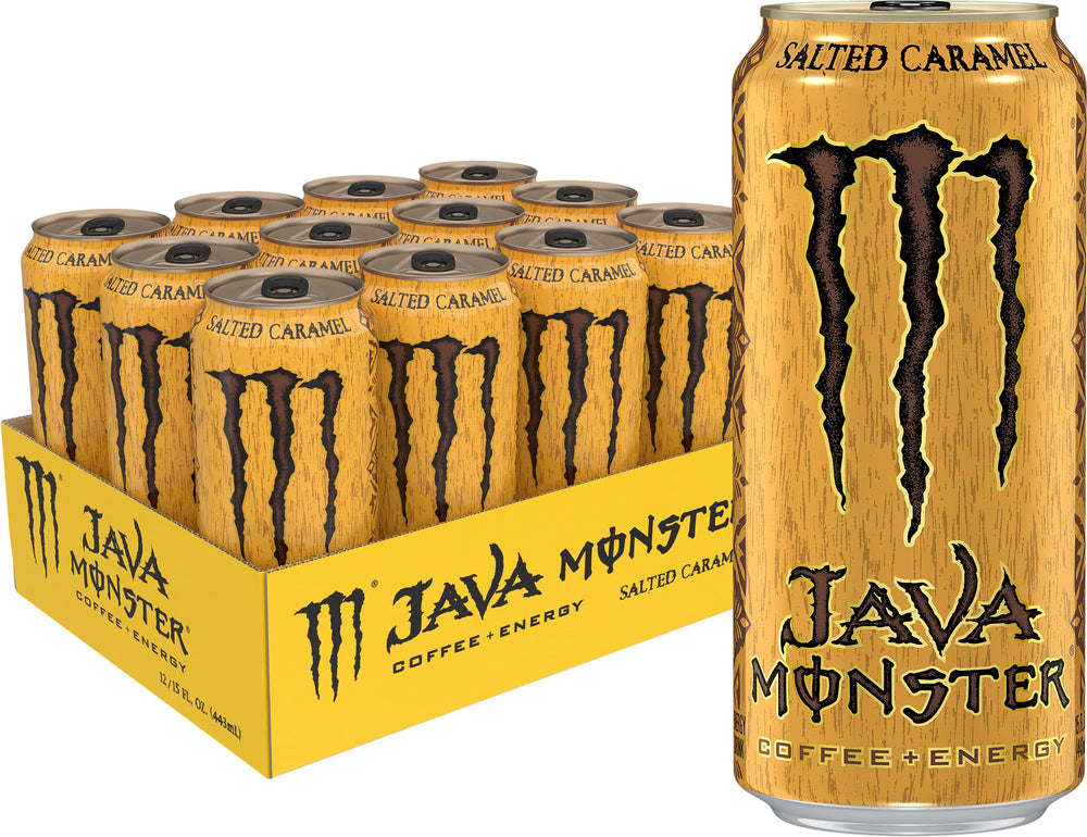 Monster Java Salted Caramel vista frontal con diseño dorado y sabor inmediato