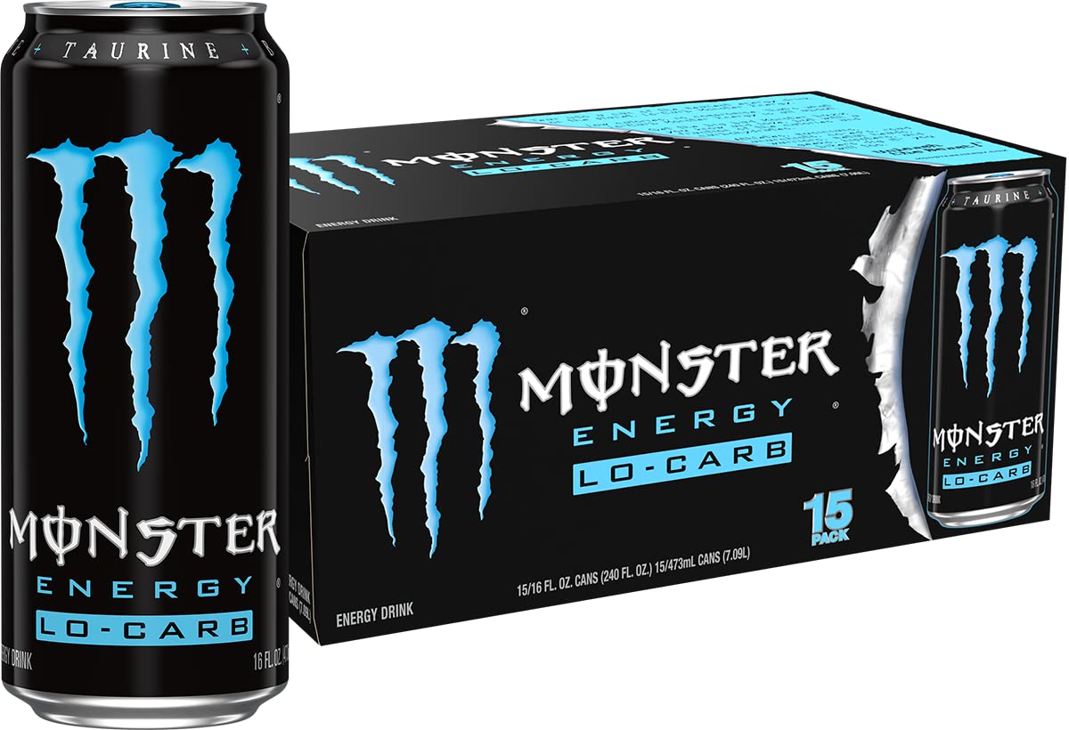 Monster Lo-Carb vista frontal del pack de 15, conveniencia y energía