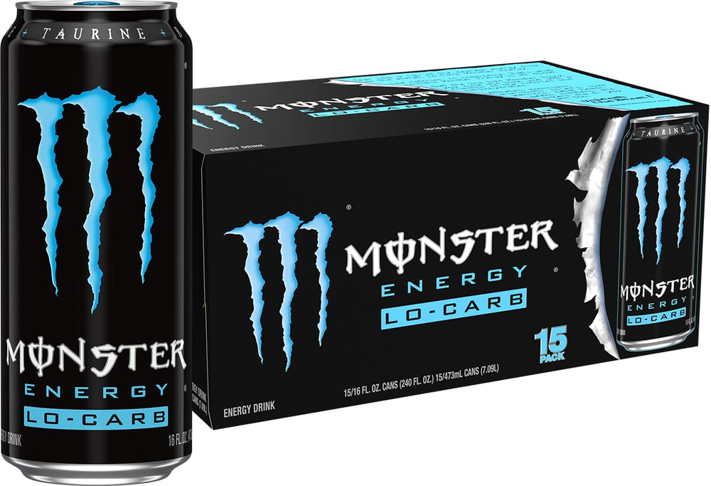 Monster Lo-Carb vista frontal del pack de 15, conveniencia y energía