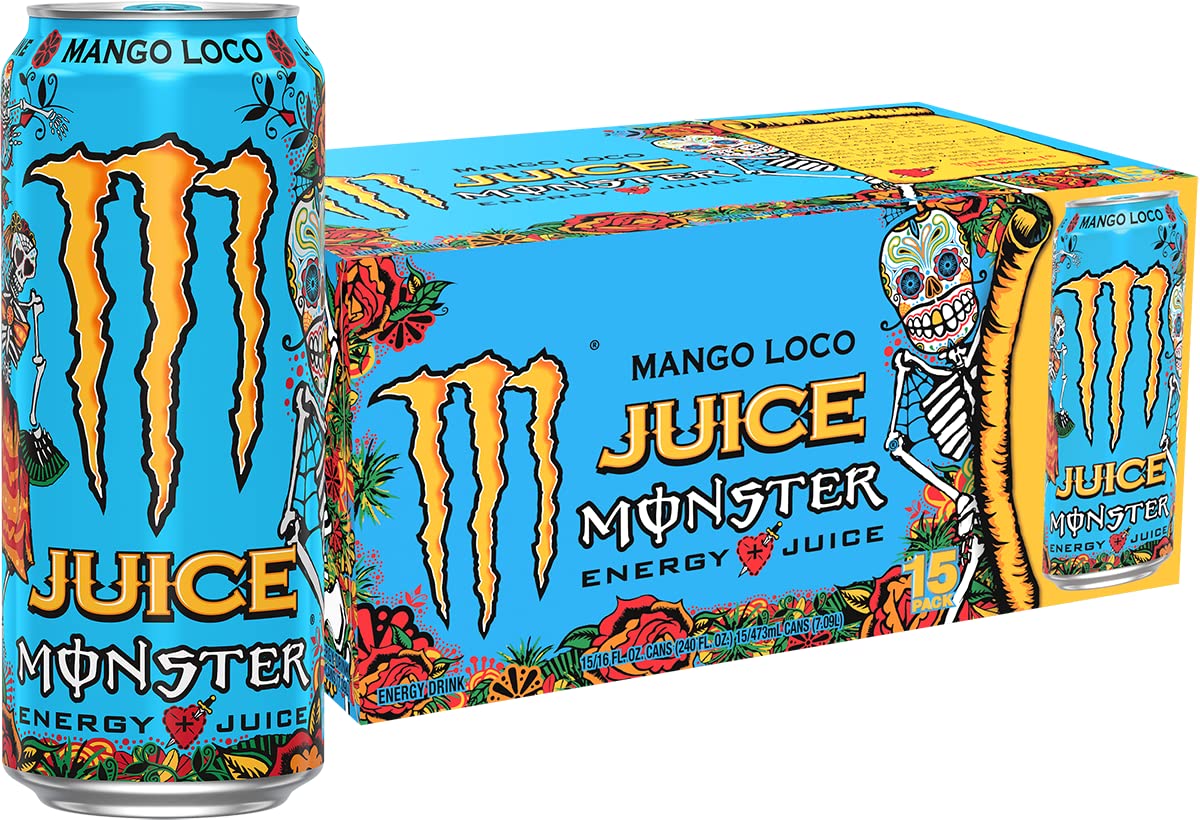 Monster lata frontal Mango Loco mostrando diseño y energía festiva