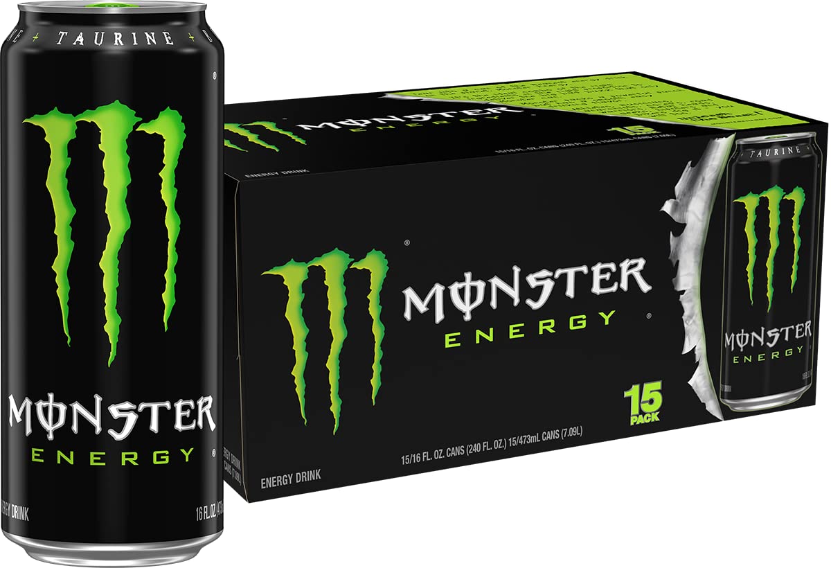 Monster lata verde frente pack de 15 mostrando diseño y conveniencia