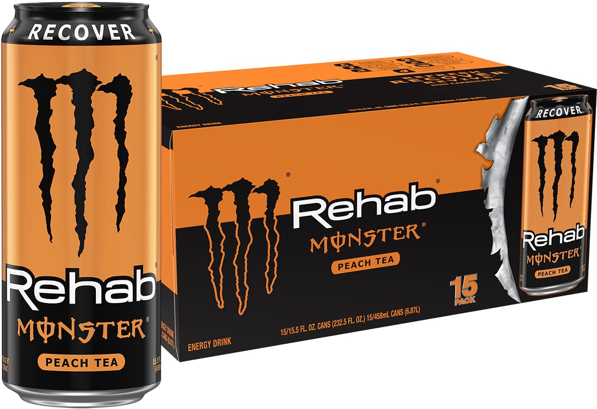 Monster Rehab lata frontal mostrando diseño y sabor durazno, apariencia atractiva