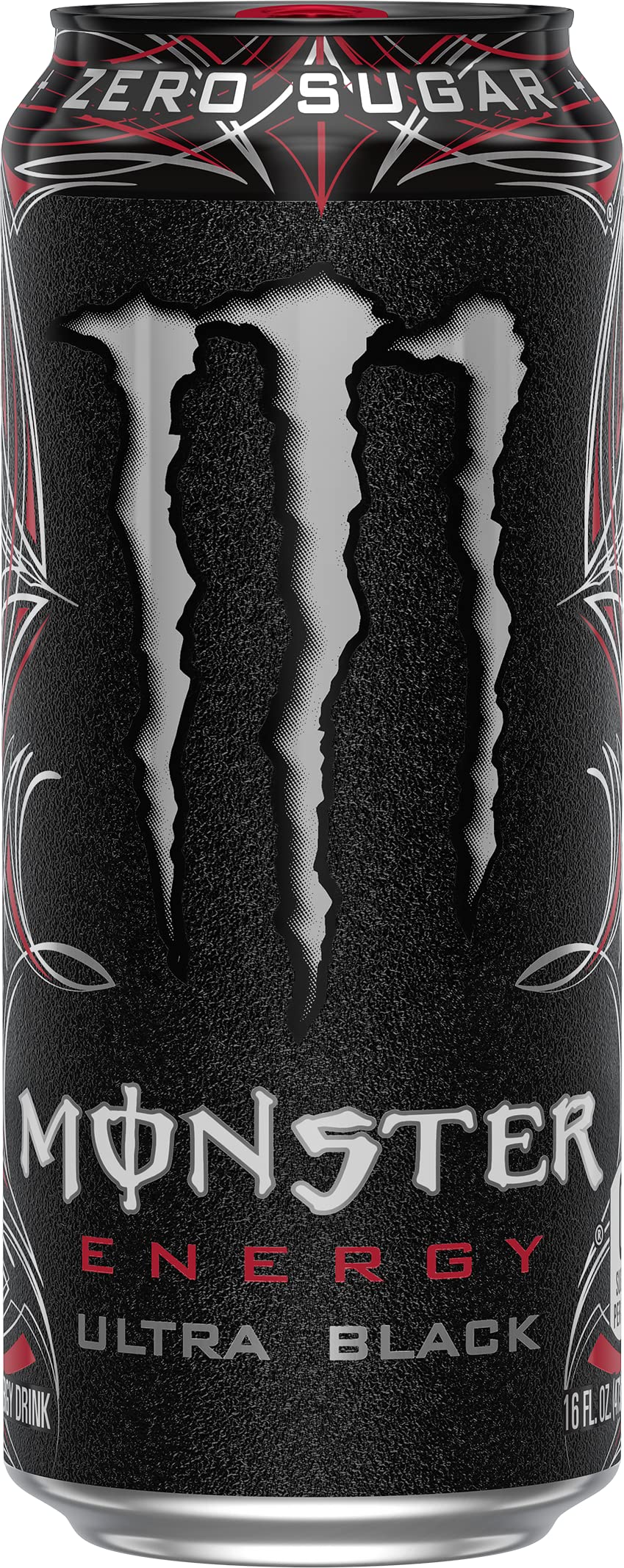 Monster Ultra Black detalle de la superficie y etiqueta, resalta sabor cereza negra