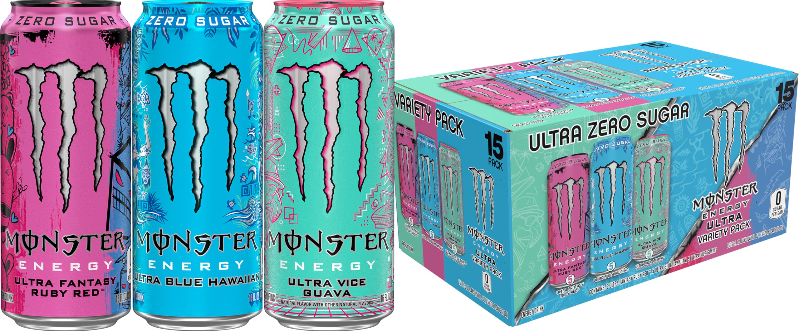 Monster Ultra pack frente mostrando latas y sabores, práctico para abastecer eventos