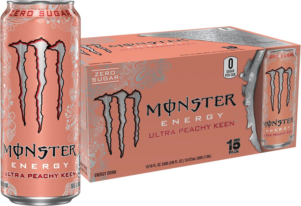 Monster Ultra Peachy Keen frente del empaque mostrando lata y diseño atractivo