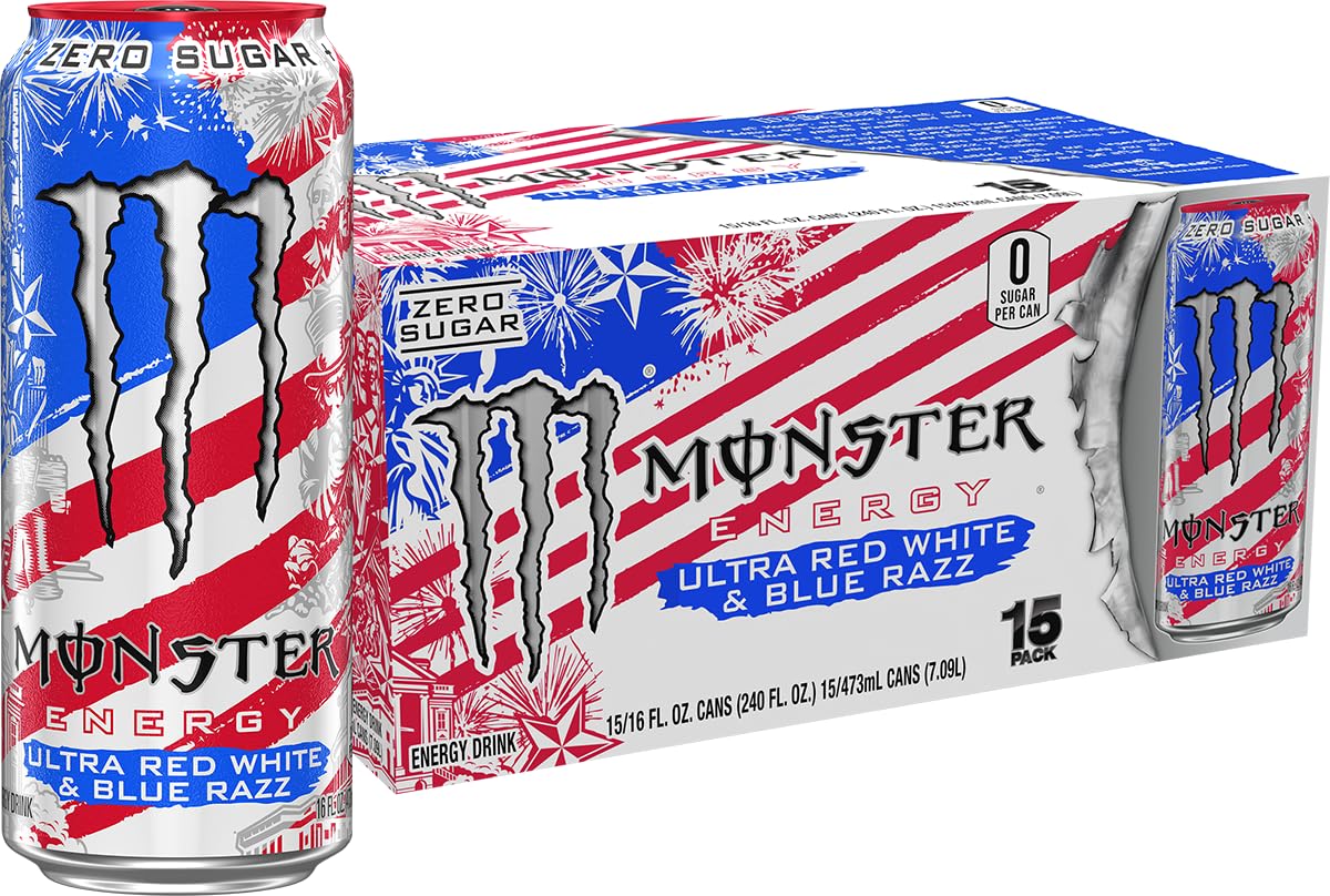 Monster lata frontal con diseño patriótico y sabor frambuesa azul refrescante