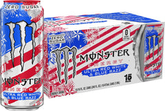 Monster lata frontal con diseño patriótico y sabor frambuesa azul refrescante