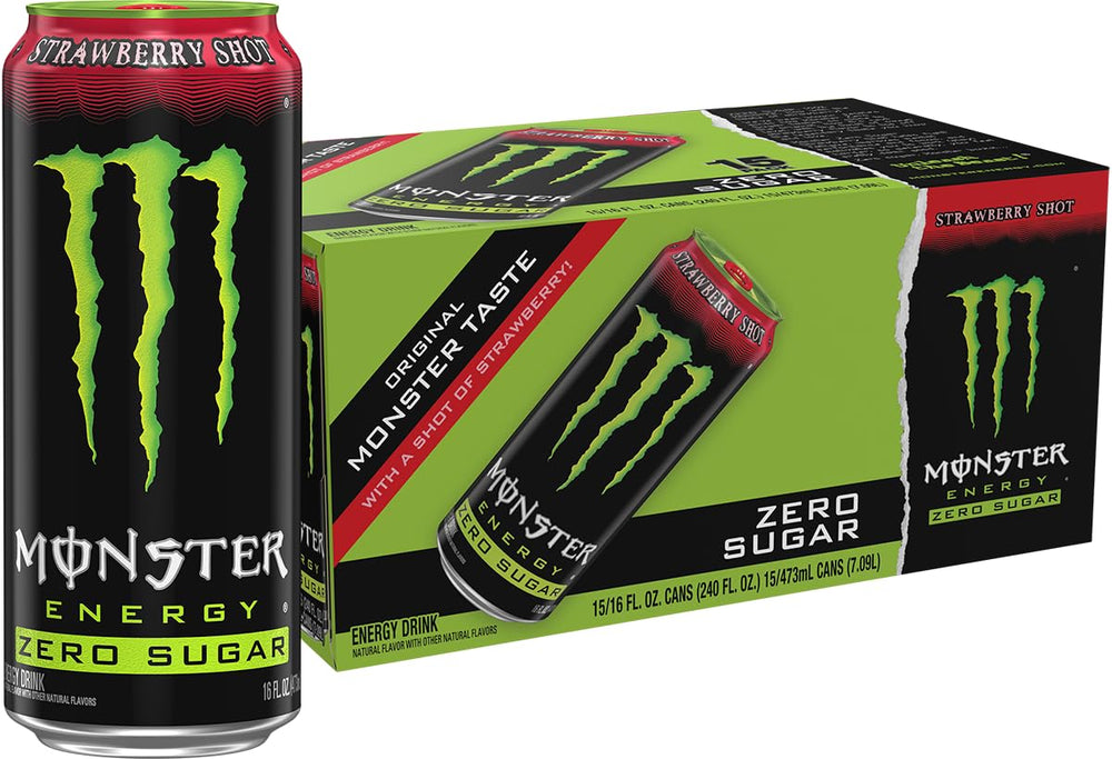 Monster lata frontal muestra diseño verde y sabor fresa, energía sin azúcar