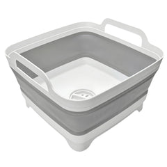 MontNorth vista frontal del lavabo plegable mostrando su forma y color gris y beneficio de portabilidad