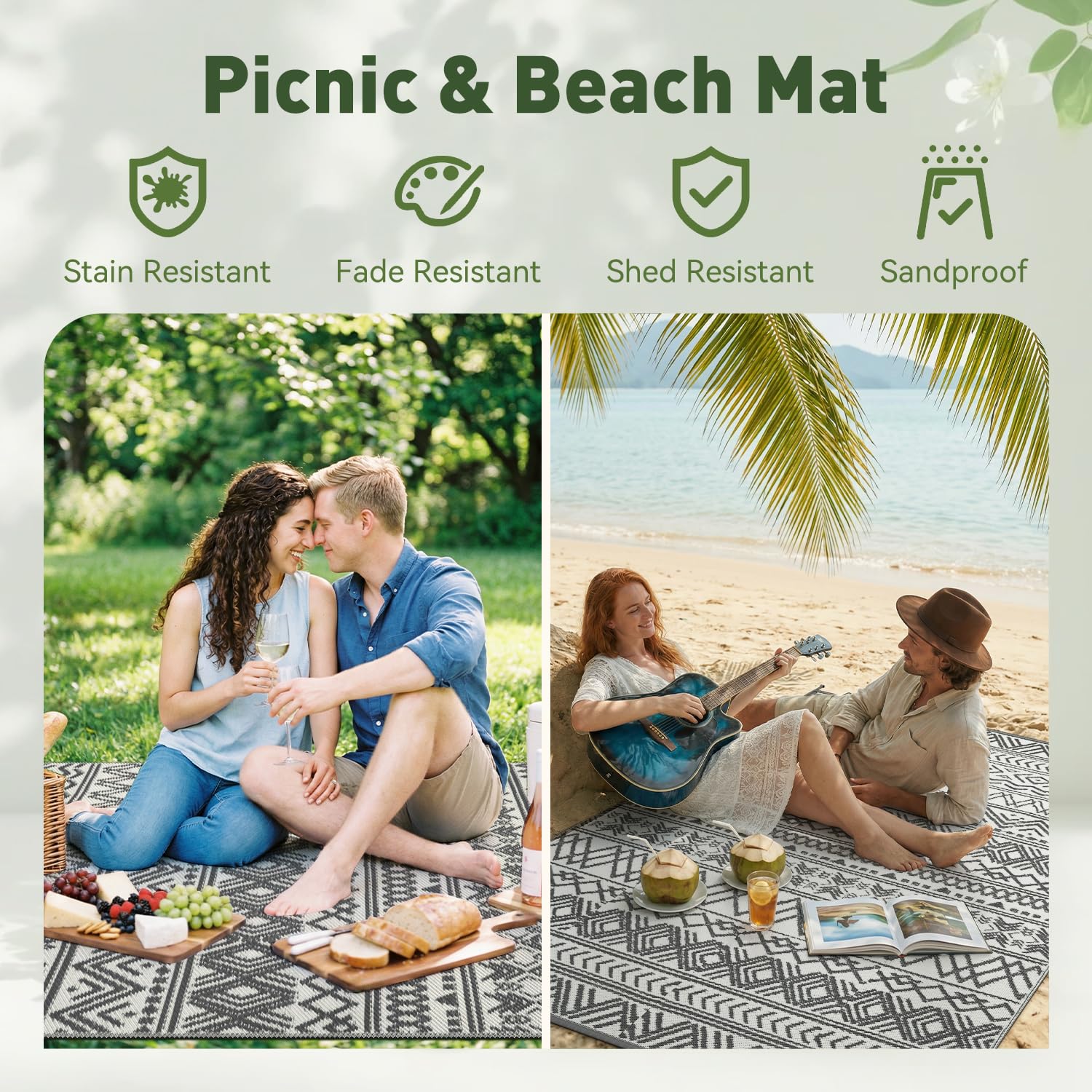MontVoo rug at beach with towels showing sand-resistant, quick-dry benefit