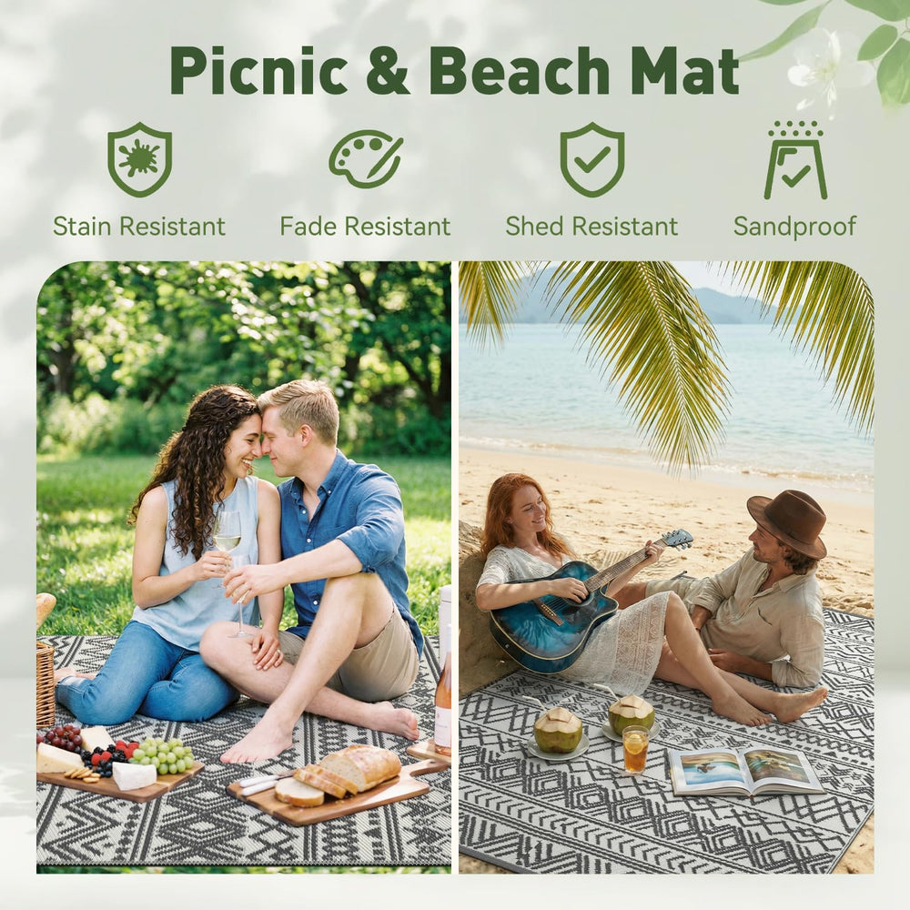 MontVoo rug at beach with towels showing sand-resistant, quick-dry benefit