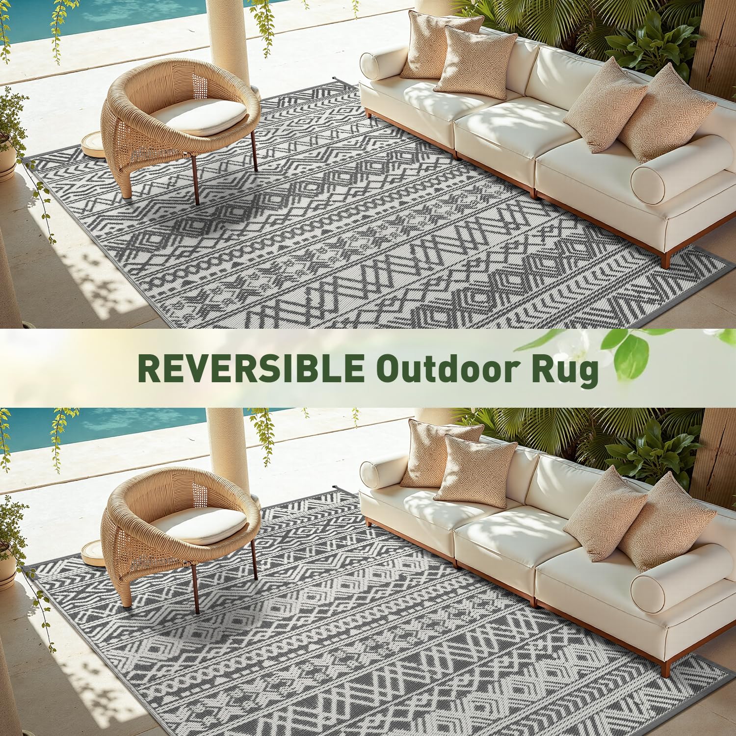 MontVoo folded rug ready for RV storage showing lightweight portability