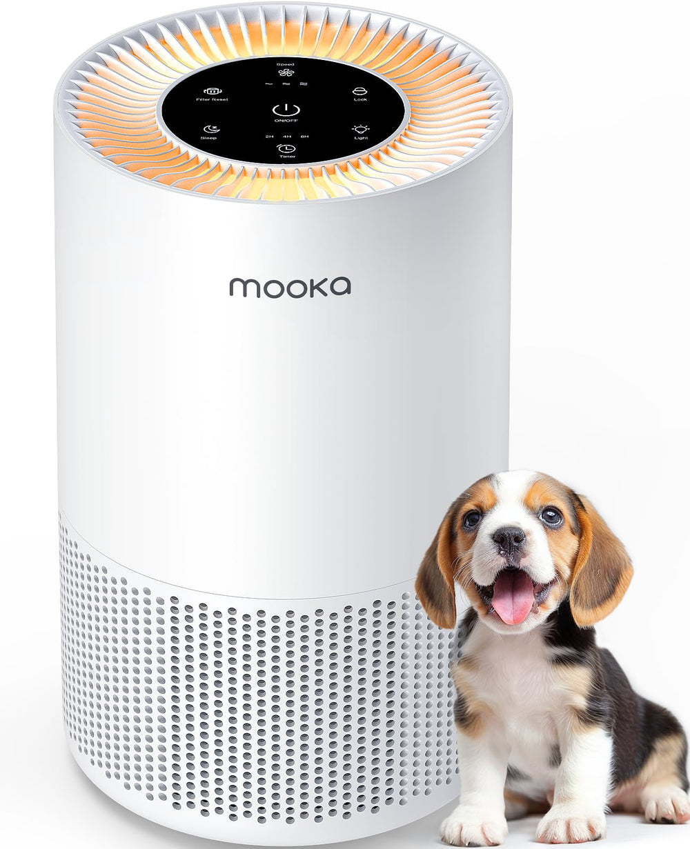 MOOKA vista frontal del purificador mostrando diseño moderno y beneficio limpieza rápida