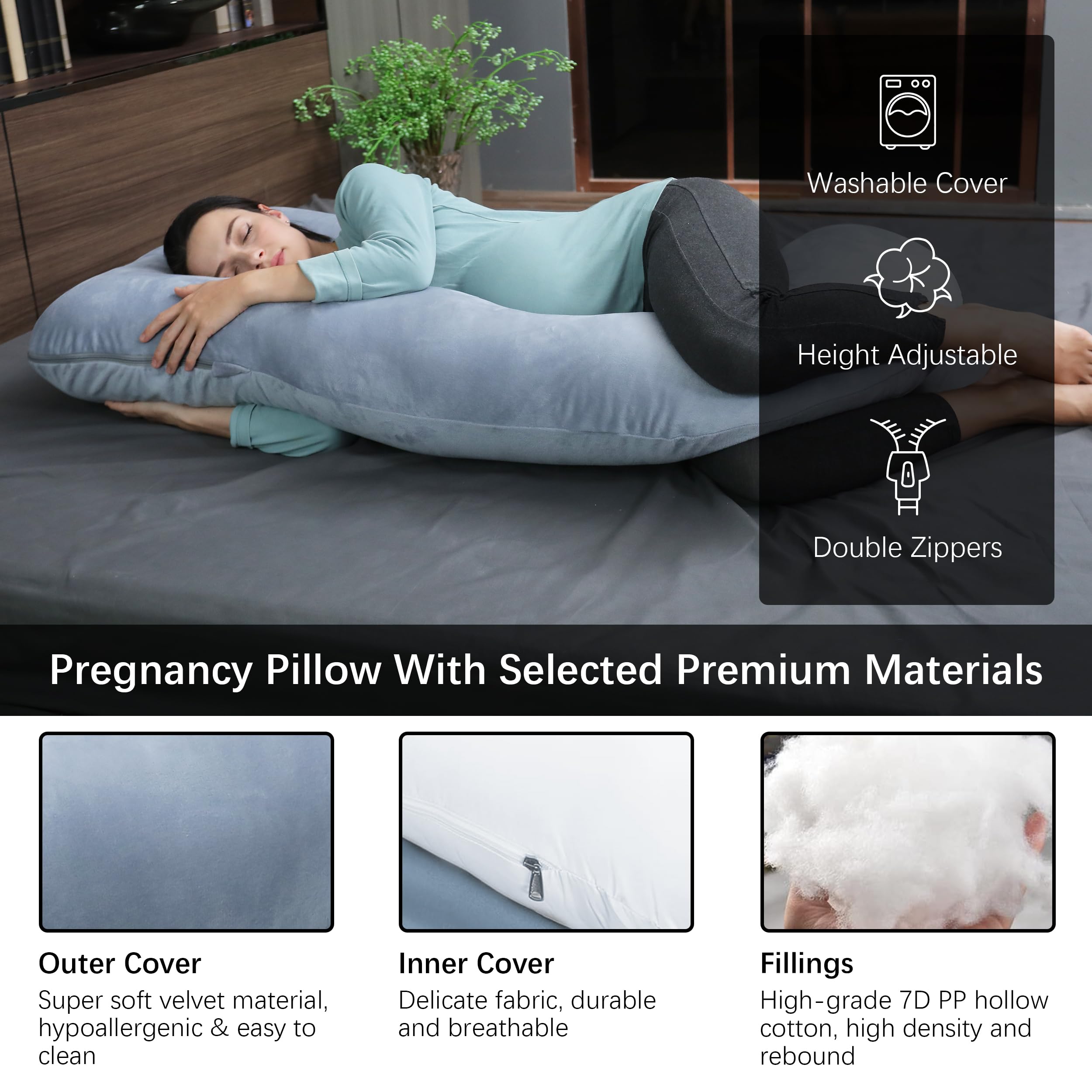 MOON PARK almohada U colocada en cama mostrando soporte para barriga y espalda