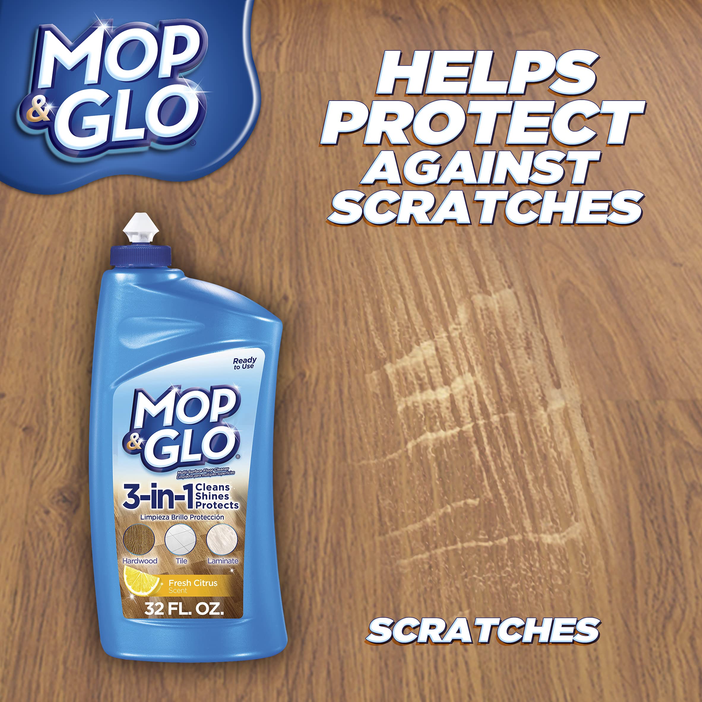 Mop & Glo etiqueta con instrucciones y beneficios para uso correcto