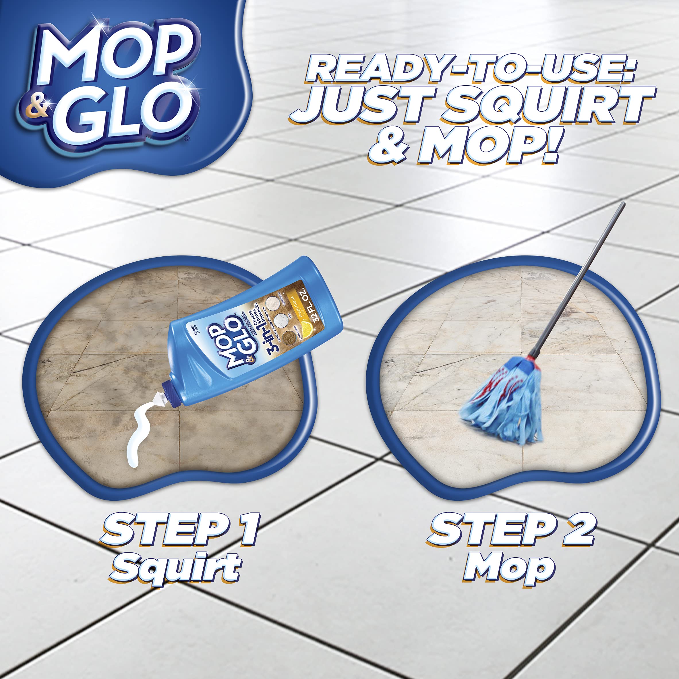 Mop & Glo textura del líquido resaltando limpieza y brillo rápido