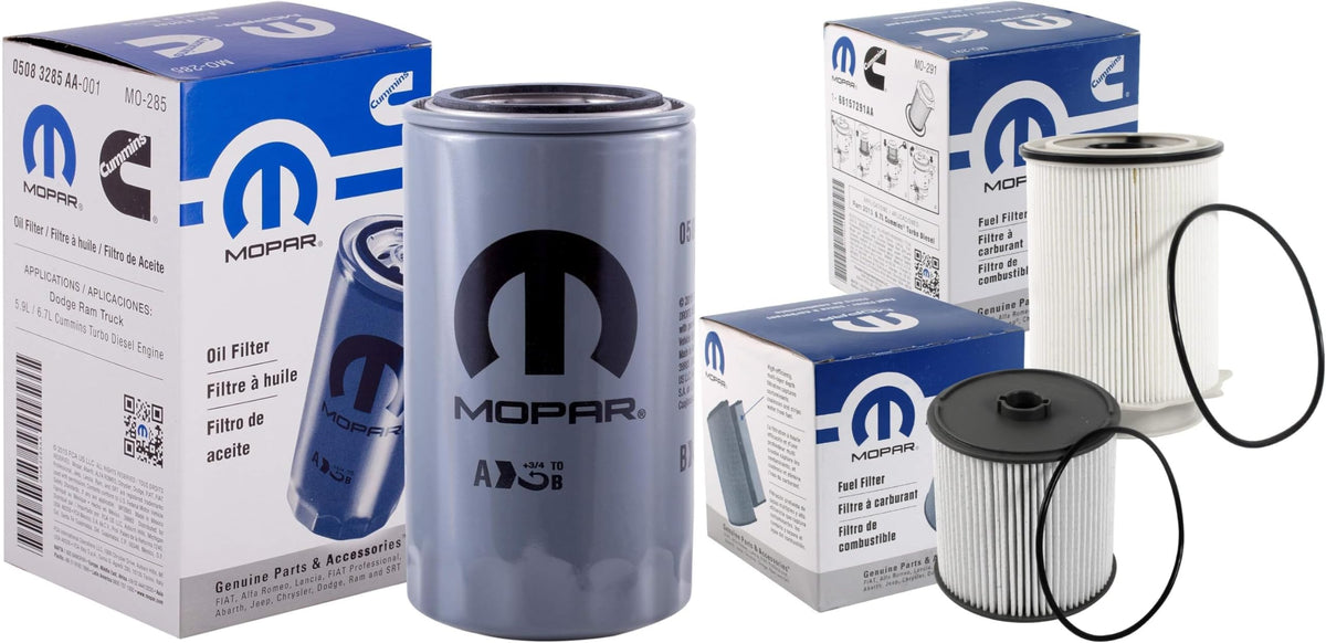 Mopar kit de filtros frontal mostrando ajuste OEM y protección del motor