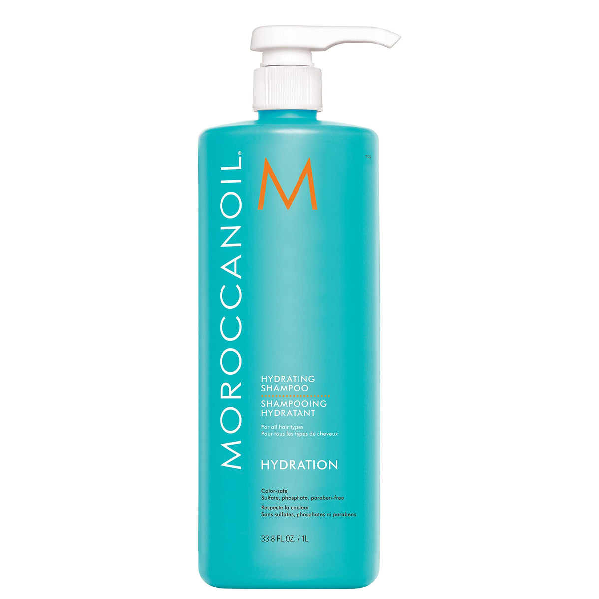 Moroccanoil frente del empaque mostrando la botella grande y beneficio hidratación