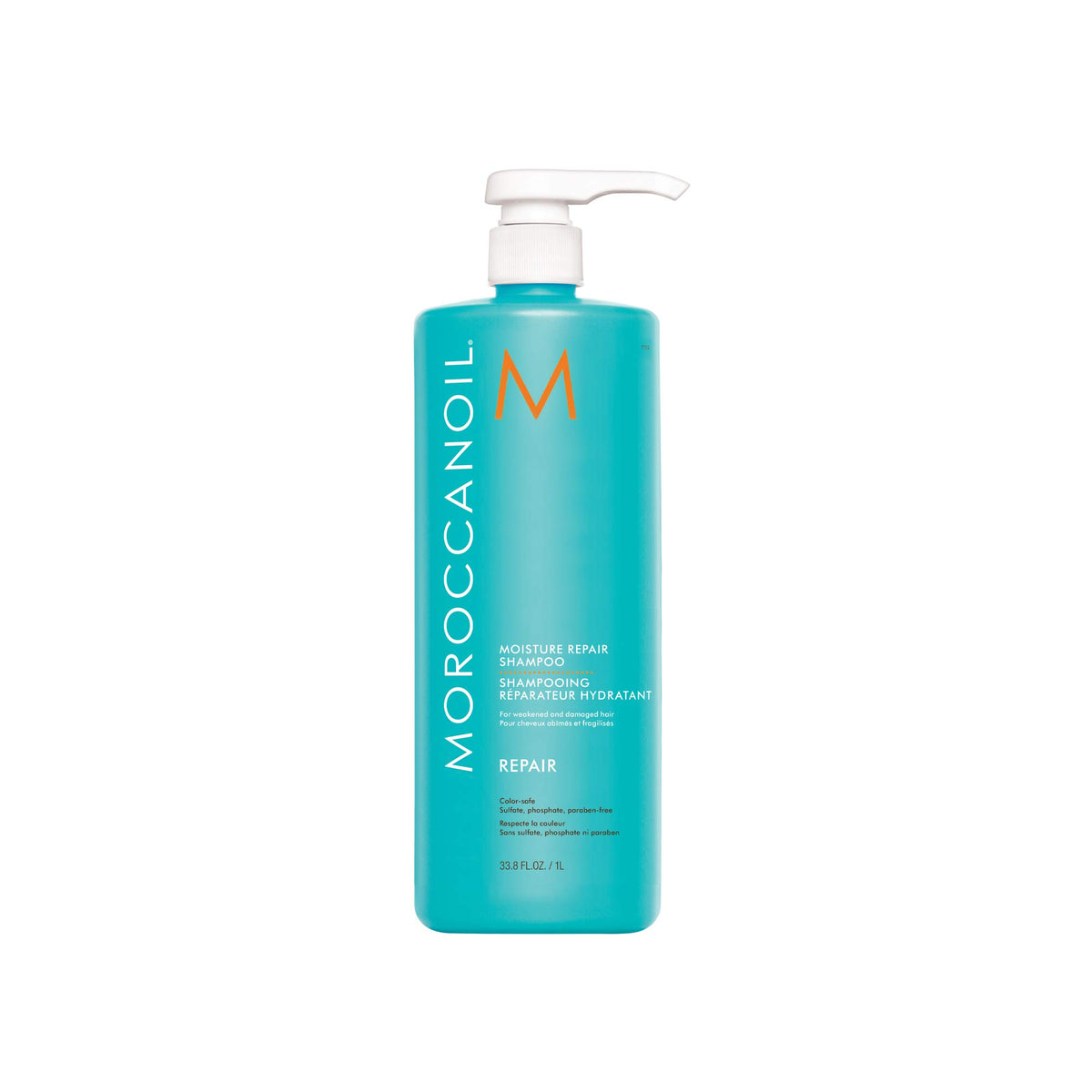Moroccanoil botella frontal 33.8 fl oz mostrando diseño y volumen, facilita ahorro