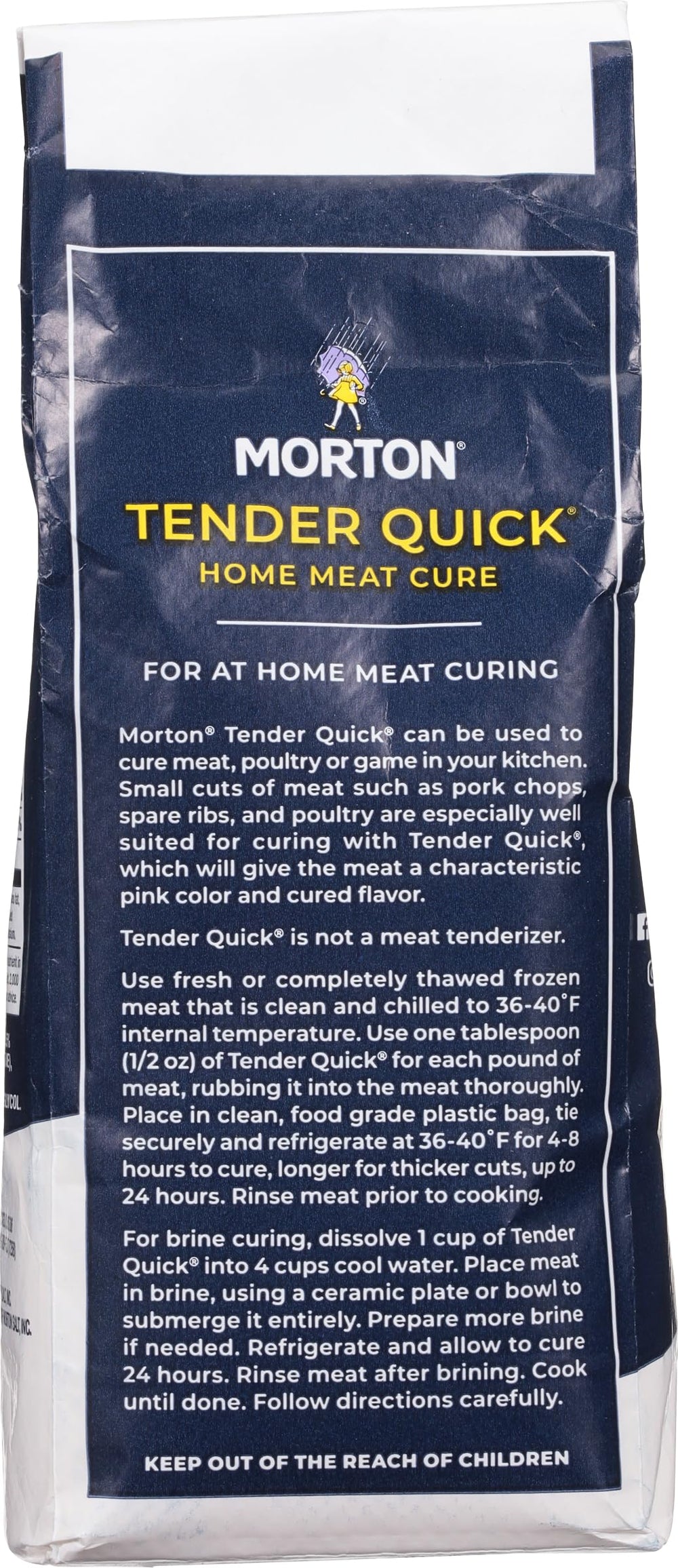 Morton Tender Quick etiqueta con ingredientes y advertencias para uso seguro