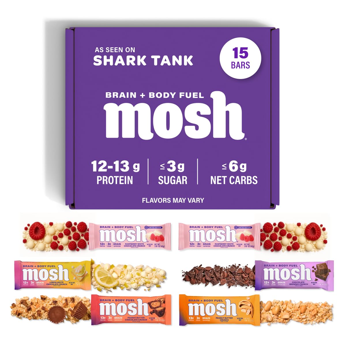 MOSH empaque frontal del pack variedad mostrando beneficios y sellos