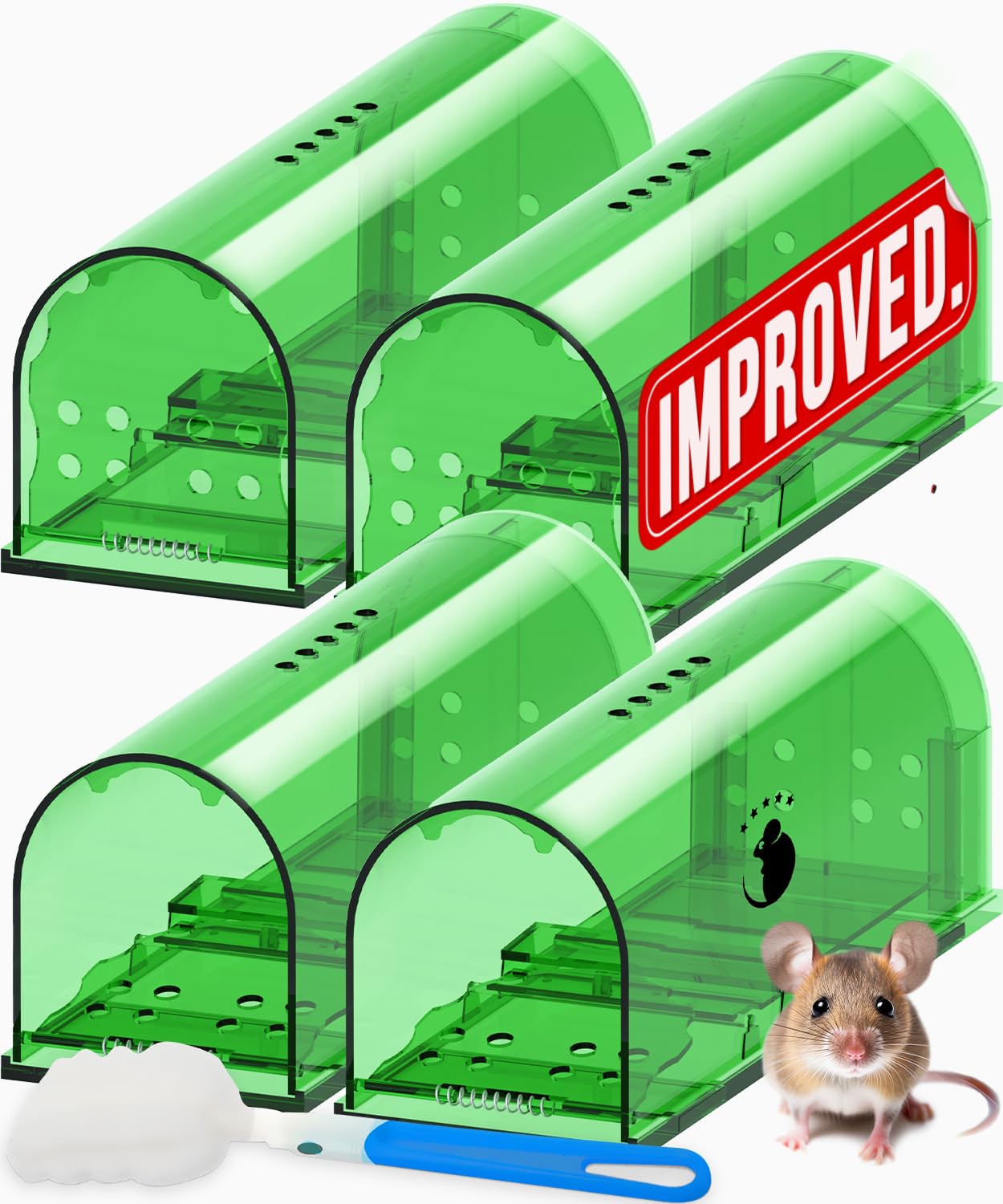Motel Mouse vista frontal del empaque mostrando pack de cuatro trampas, solución ética