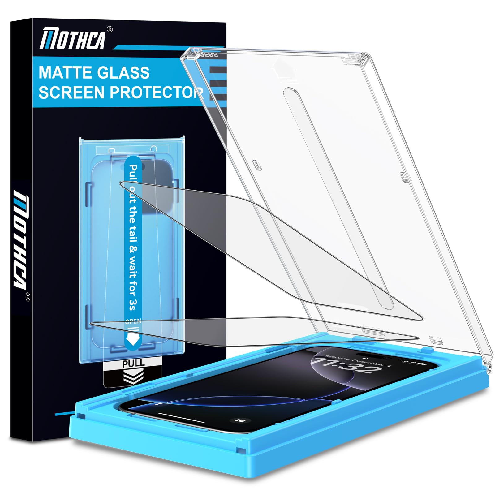 Mothca vista frontal del empaque con protector y accesorios, instalación fácil