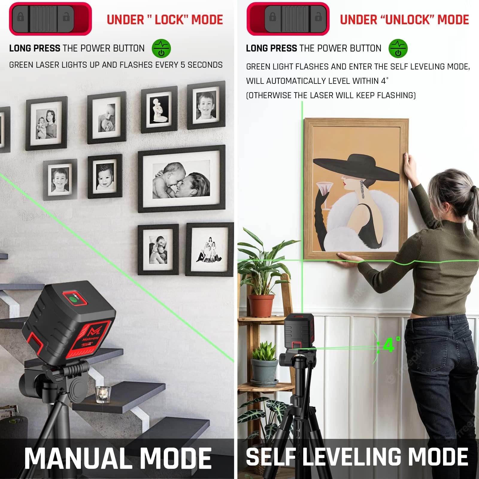 Trípode ajustable con Motovera LL-T2 montado para trabajo en obra