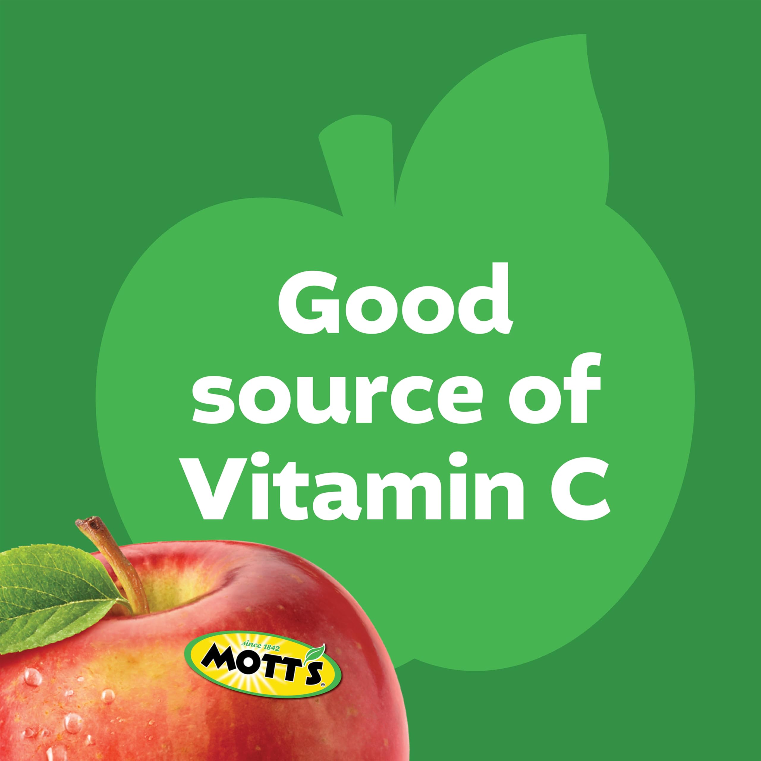 Mott's frasco junto a una manzana para comparar tamaño y porciones