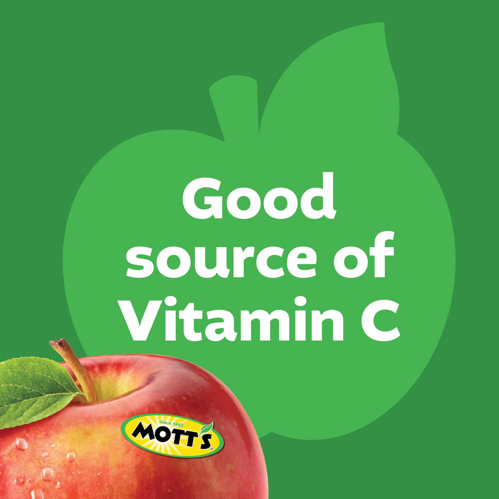 Mott's frasco junto a una manzana para comparar tamaño y porciones