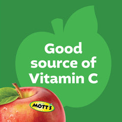 Mott's frasco junto a una manzana para comparar tamaño y porciones