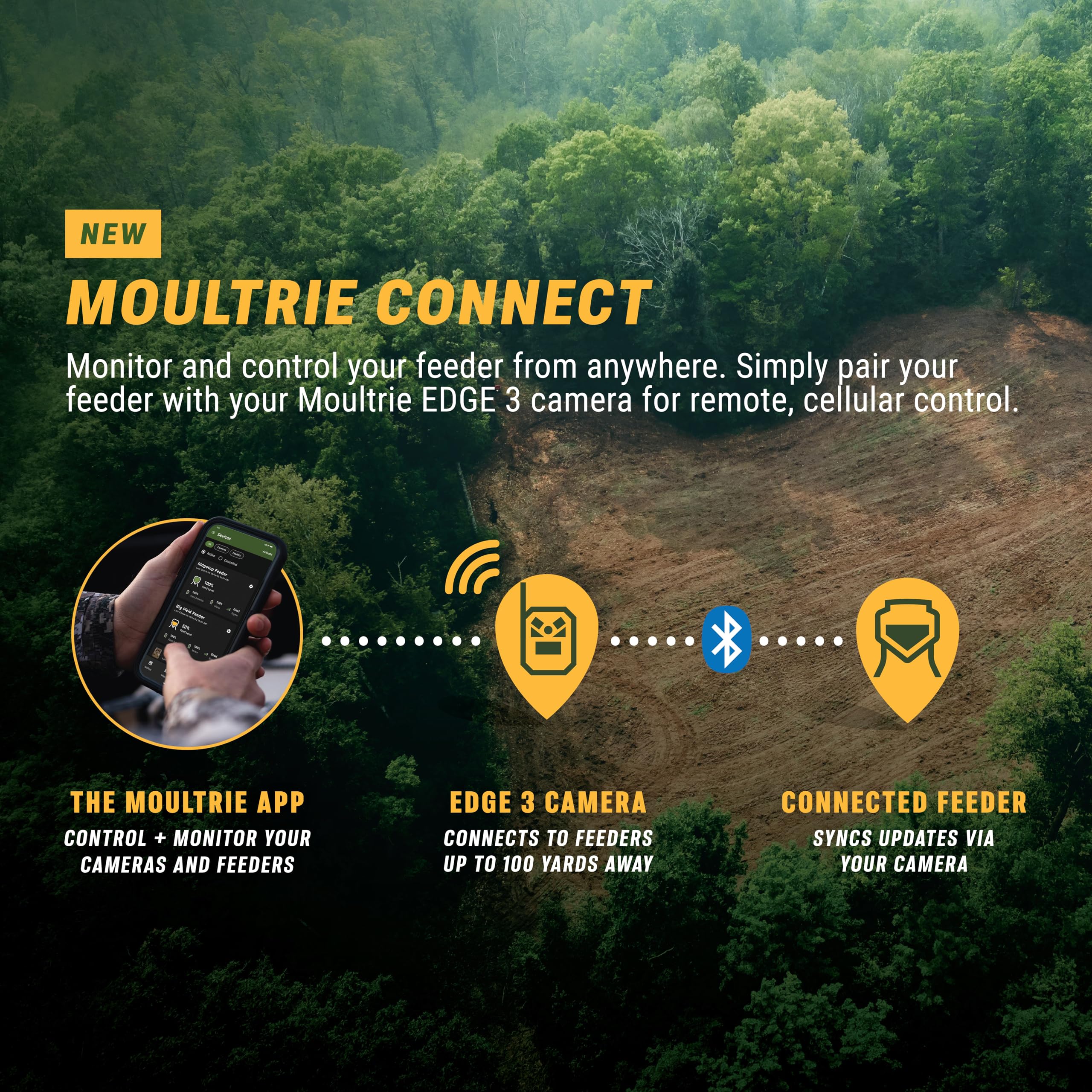 Moultrie EDGE 3 instalada en árbol junto a comedero para manejo remoto