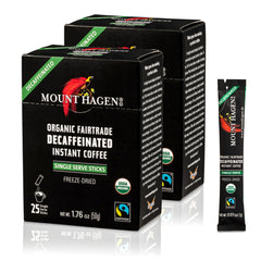 Mount Hagen envase frontal de sticks decaf mostrando marca y conveniencia