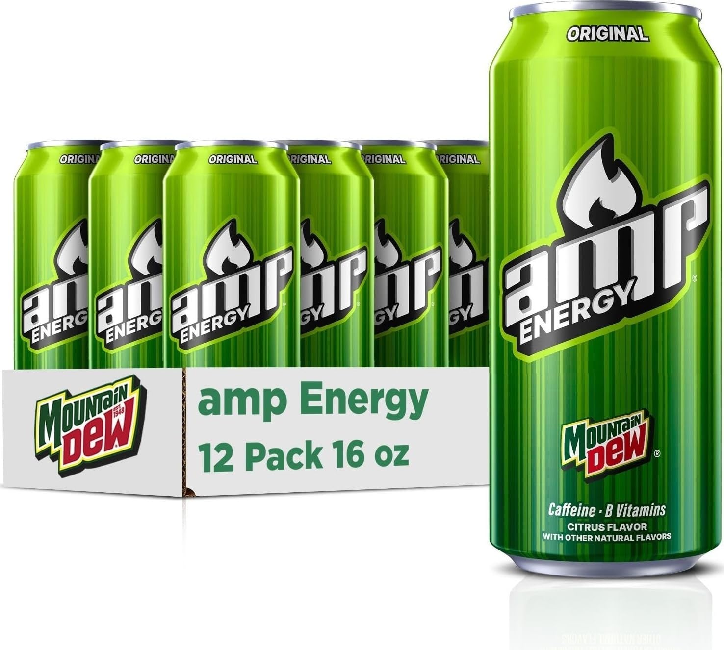 Mountain Dew AMP pack de 12 latas frontal, muestra conveniencia y cantidad