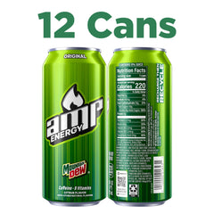 Mountain Dew AMP lata en primer plano resaltando etiqueta y energía cítrica