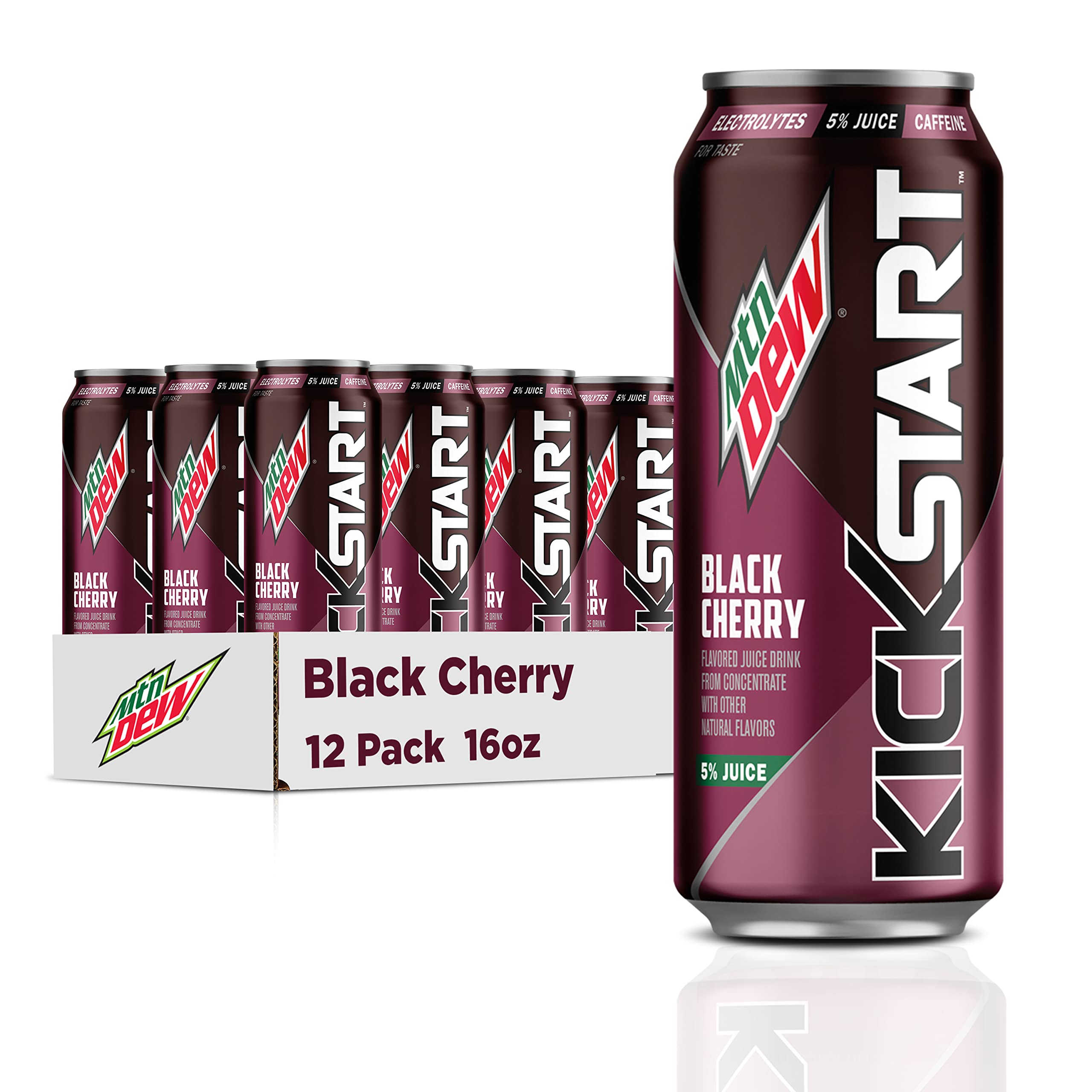 Mountain Dew Kickstart frente de lata mostrando etiqueta black cherry y beneficio de sabor