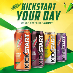 Mountain Dew Kickstart lata en mano para comparar tamaño de 16 onzas