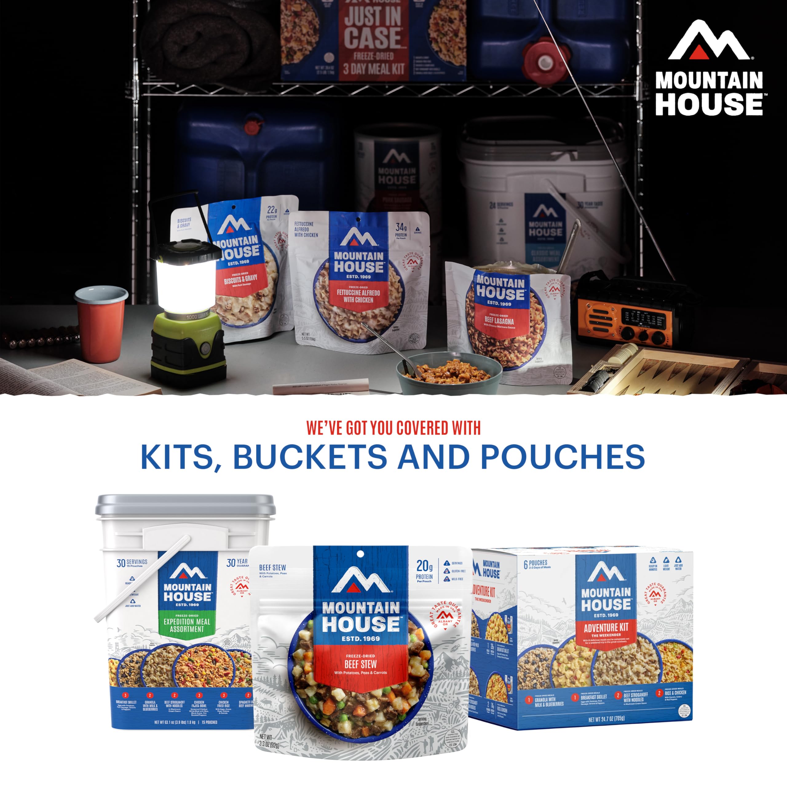 Mountain House escena al aire libre con comida lista y sensación de aventura