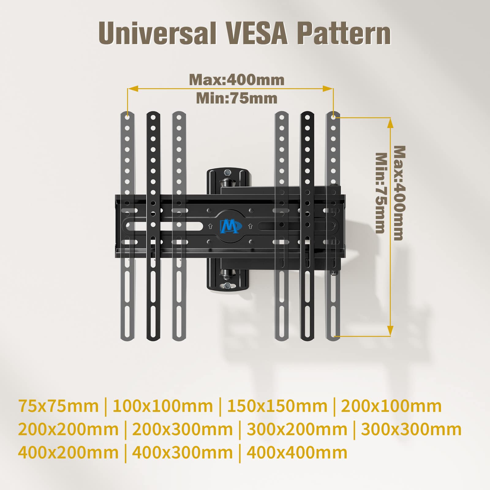Mounting Dream placa trasera sujeta a televisor mostrando compatibilidad VESA