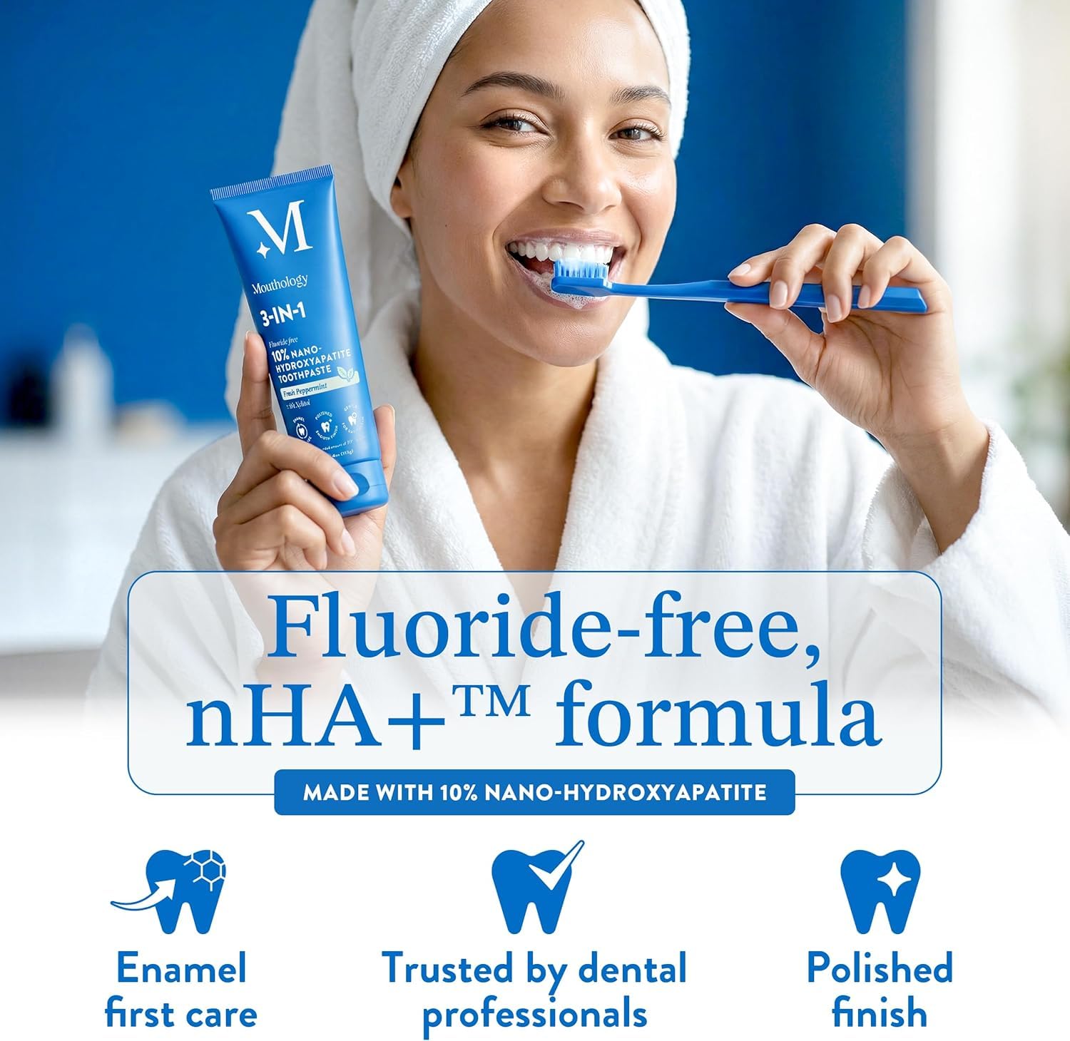 Mouthology etiqueta con ingredientes destacando 10% nano-hidroxiapatita