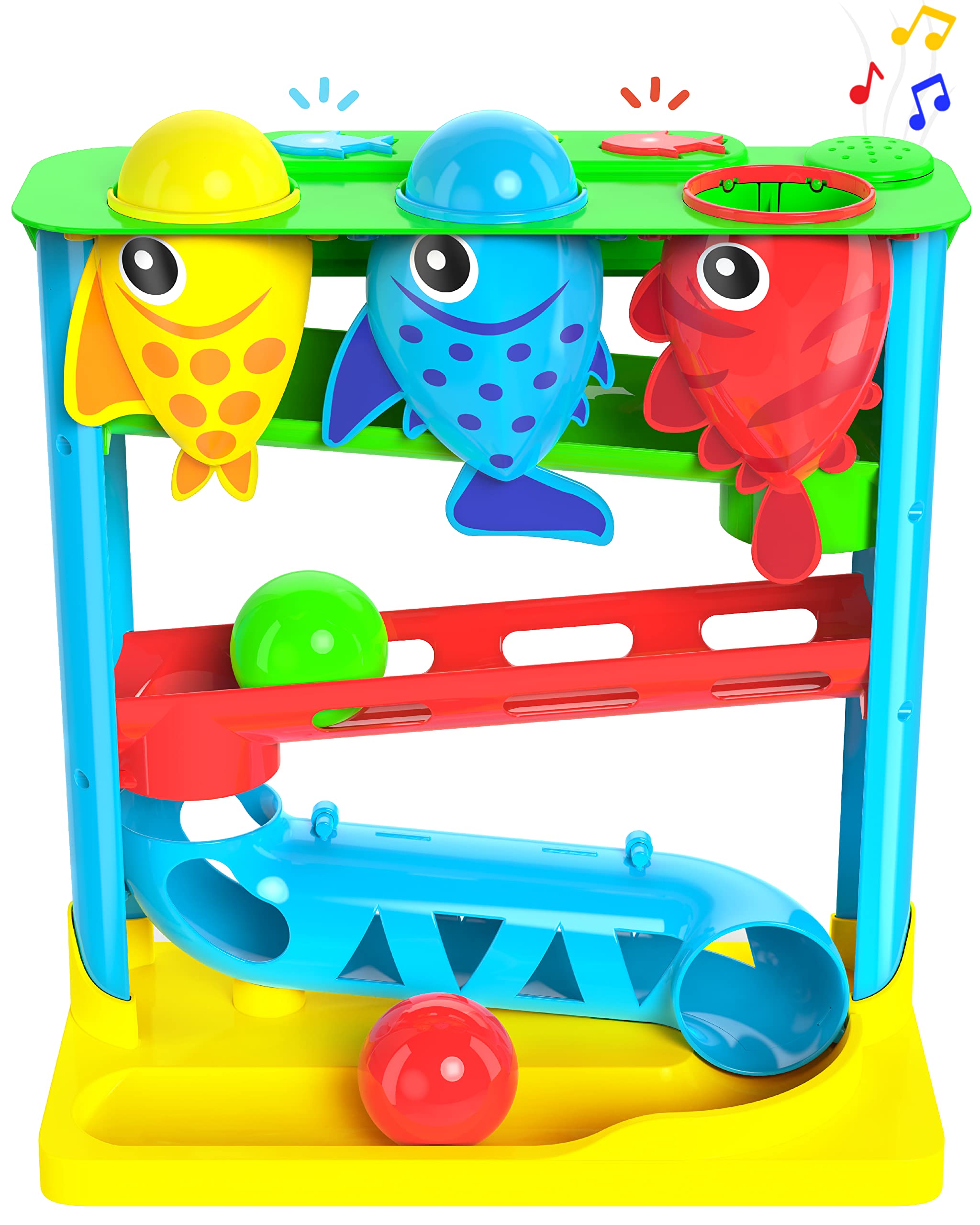 Move2Play vista frontal del juguete mostrando tres peces y pelotas, atrae atención y juego