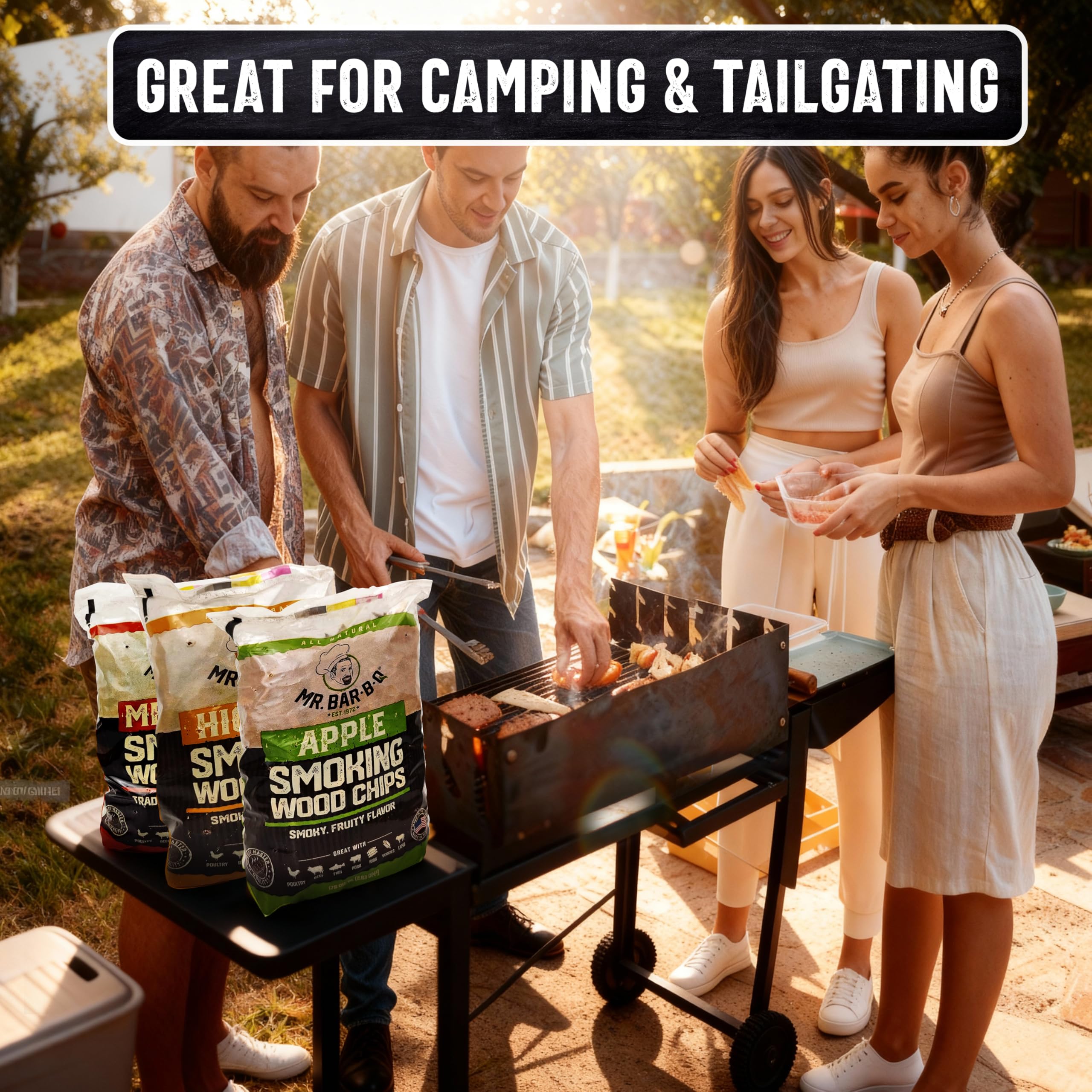 Escena de camping con Mr. Bar-B-Q mostrando versatilidad para parrillas al aire libre