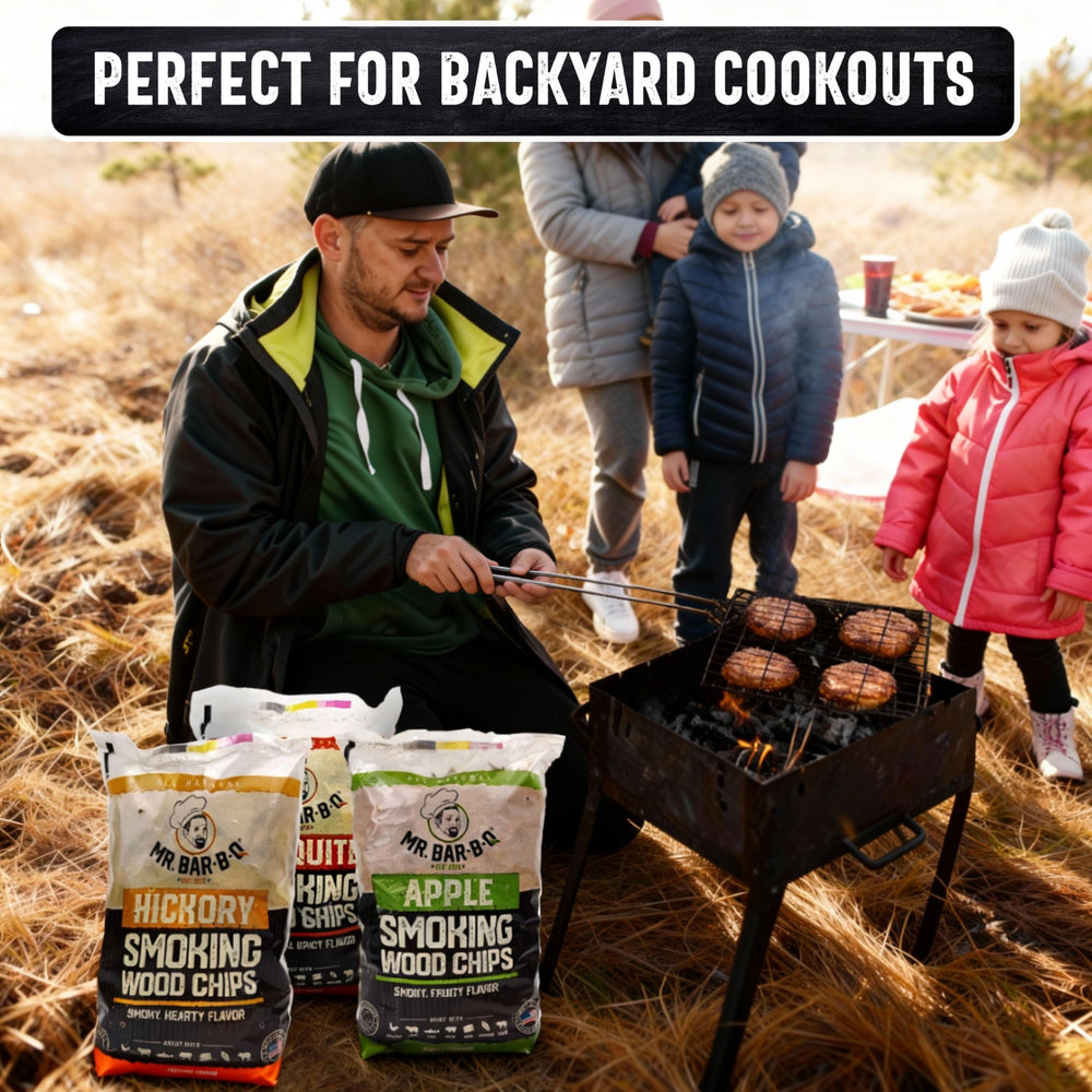 Etiqueta Mr. Bar-B-Q con ingredientes 100% madera natural, sin químicos ni aditivos
