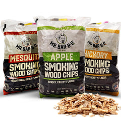 Mr. Bar-B-Q empaque frontal mostrando las tres bolsas, ideal para variedad de ahumados