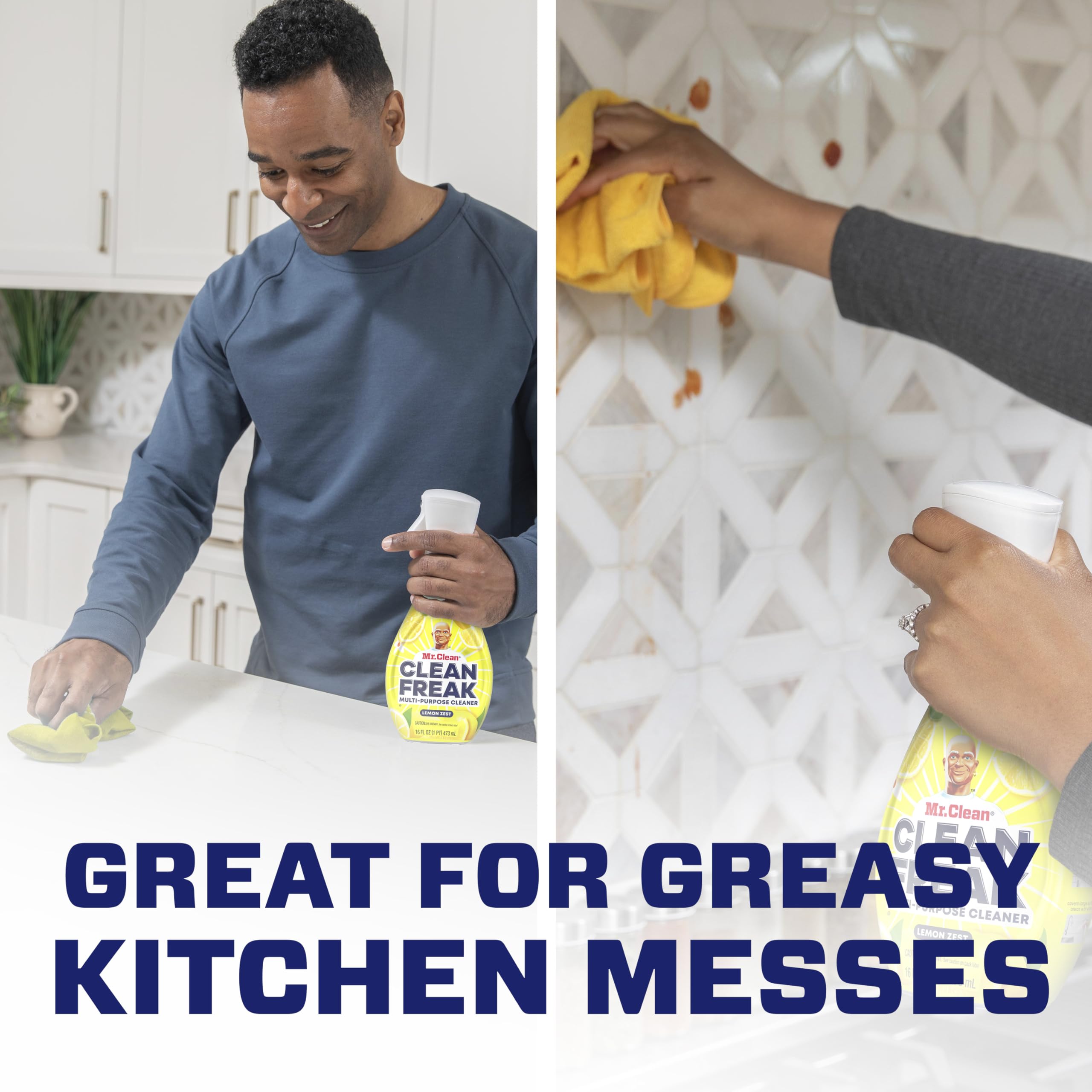 Mr. Clean aplicándose en encimera para eliminar grasa instantáneamente