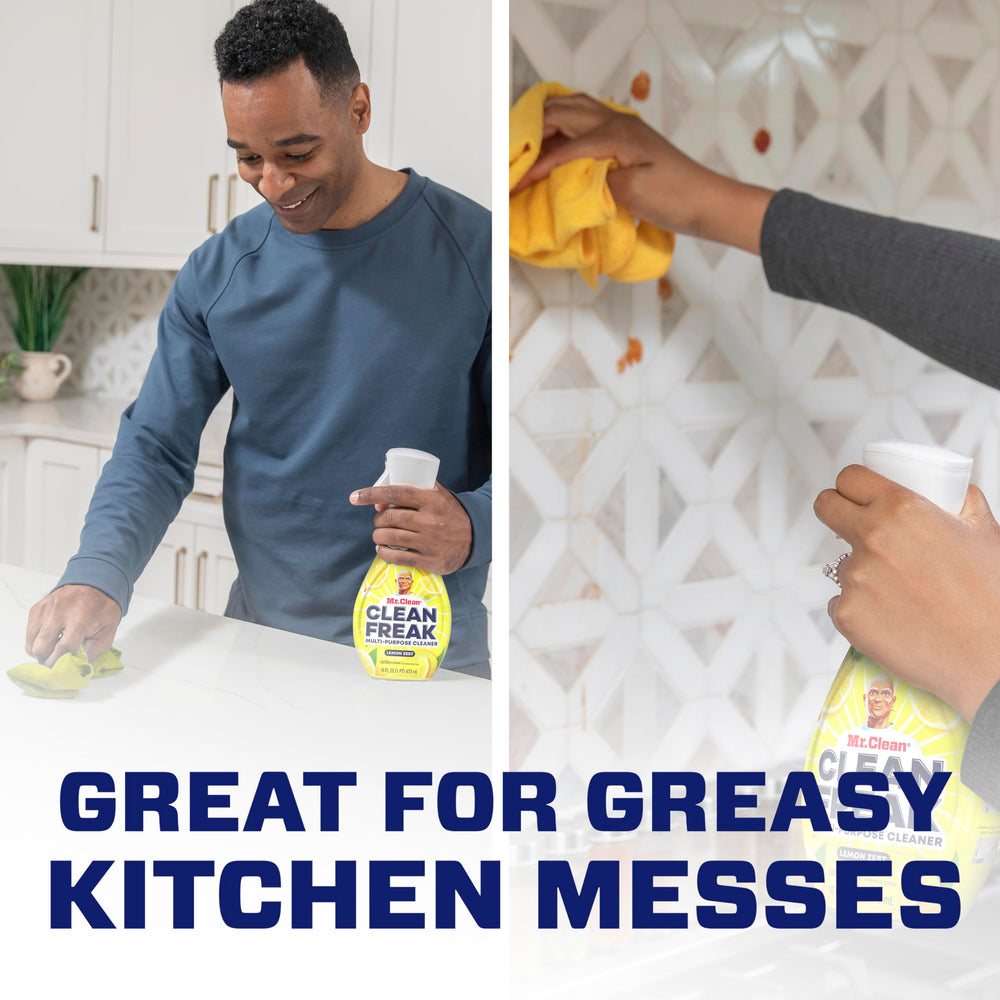 Mr. Clean aplicándose en encimera para eliminar grasa instantáneamente