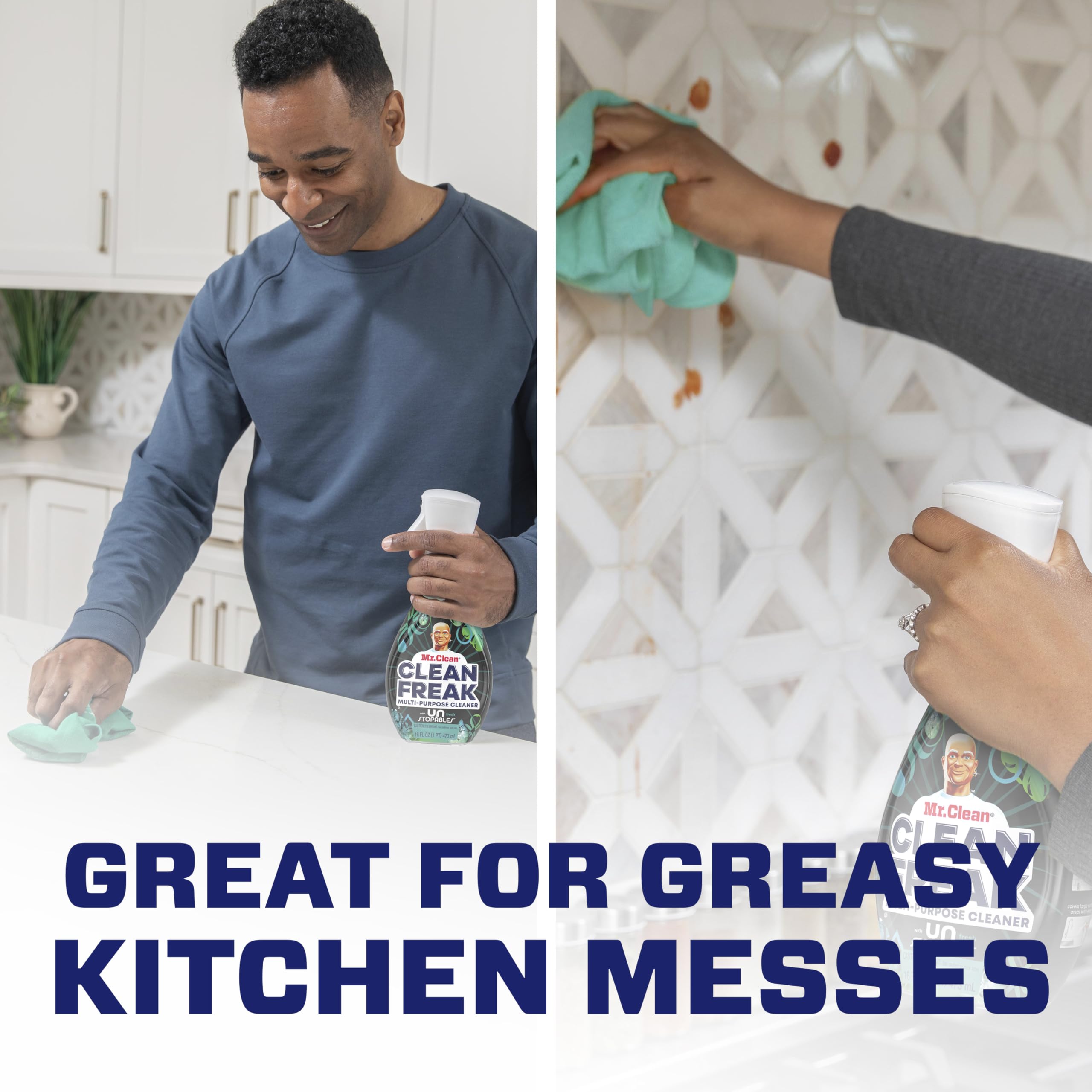 Mr. Clean uso en encimera de cocina, elimina grasa y deja aroma fresco